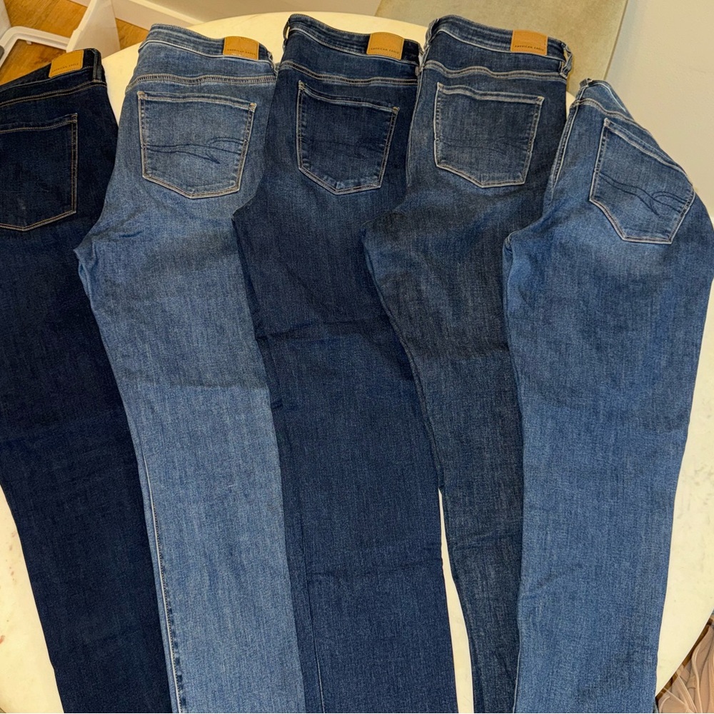 Five pairs of American Eagle, high-rise and super high-rise jeggings